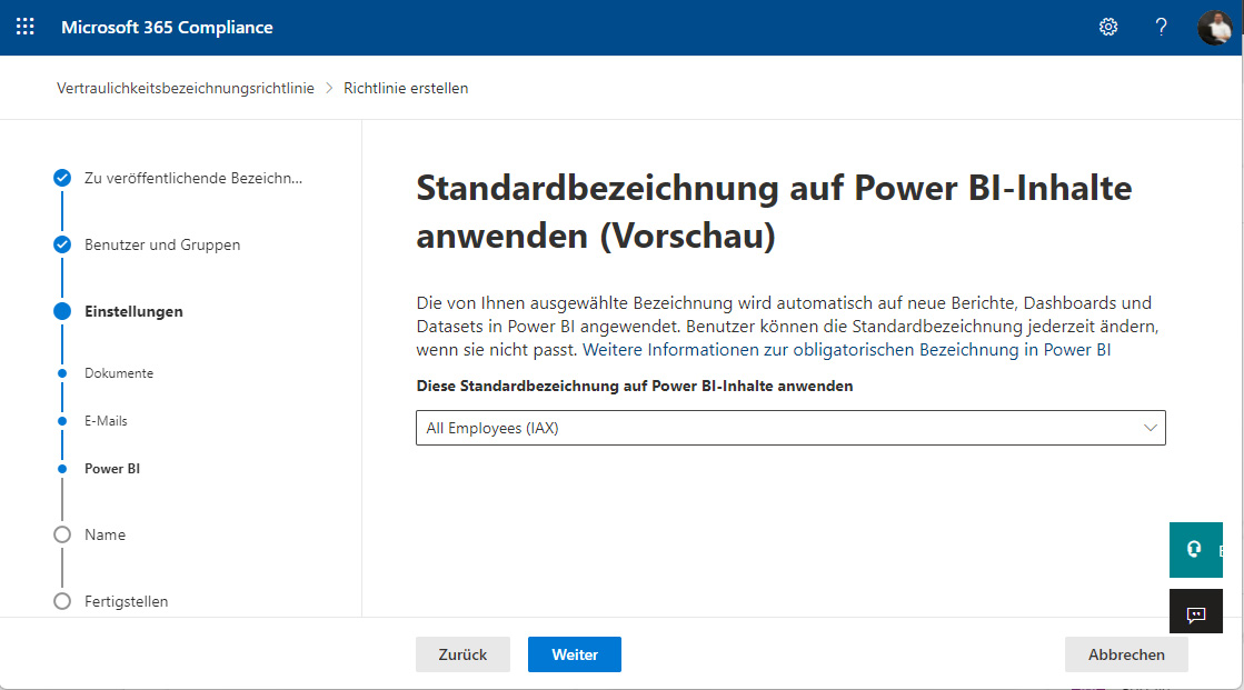 Datenschutz in Power BI als Standard vorgeben : Microsoft Compliance Center